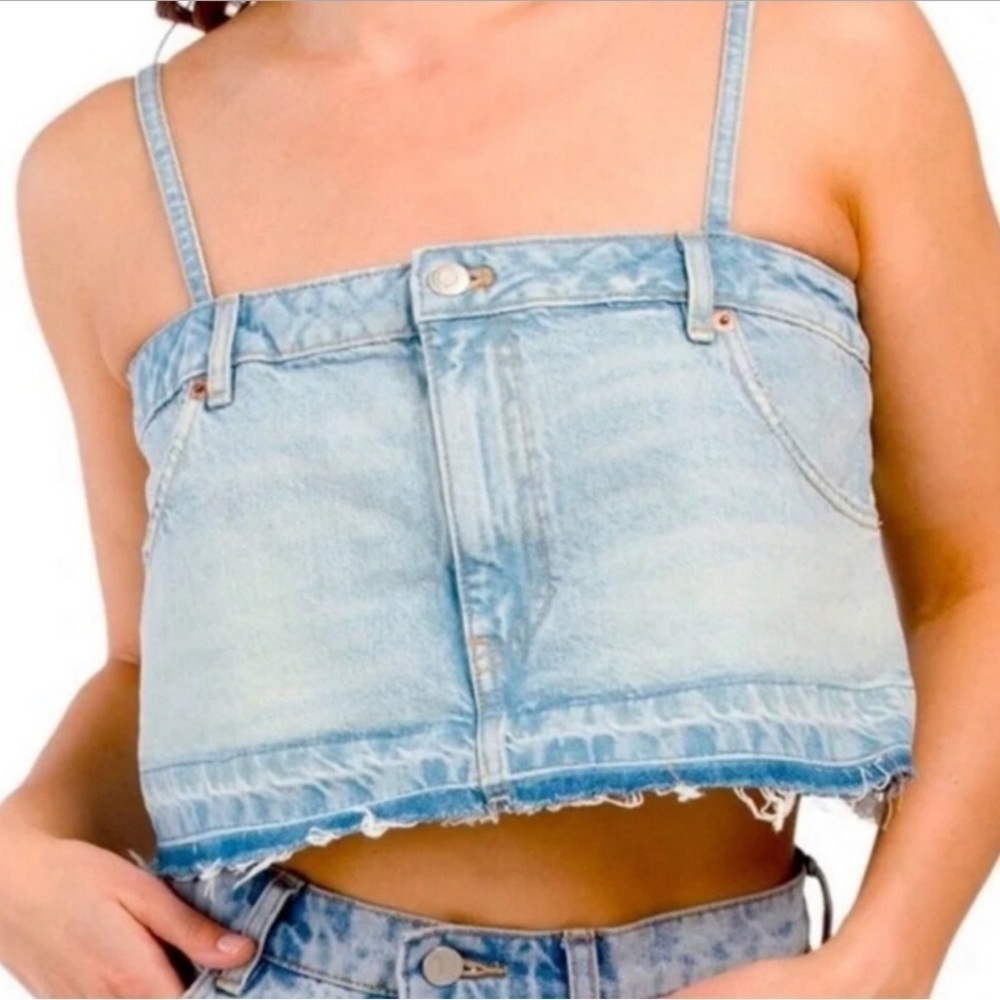 Zara denim up-cycled look raw hem spaghetti strap cotton cropped top Small NWT